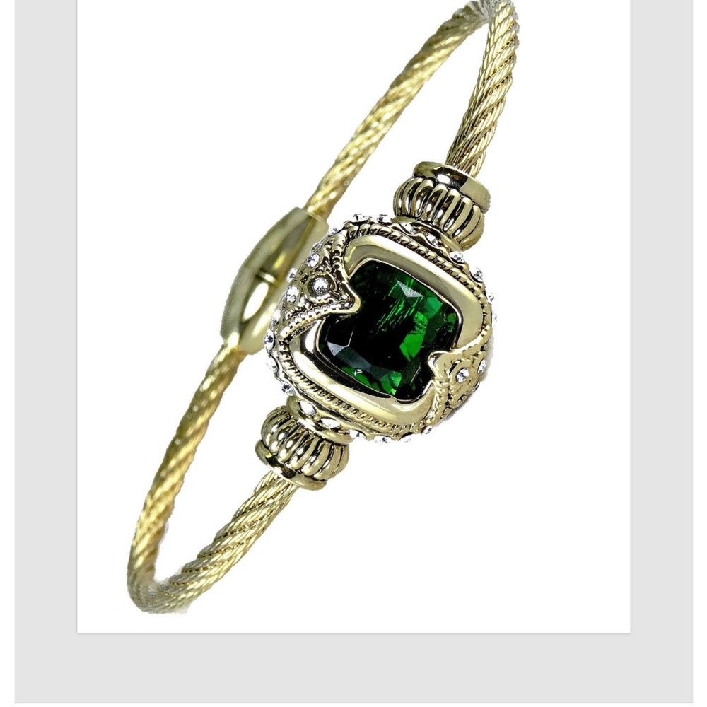 Cubic Zirconia Bangle Bracelet Emerald Green Gold Magnetic Cable 7" Women’s